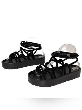 AllSaints Black Kofu Rope Lace-Up Flat Sandals Japanese Style Shibari
